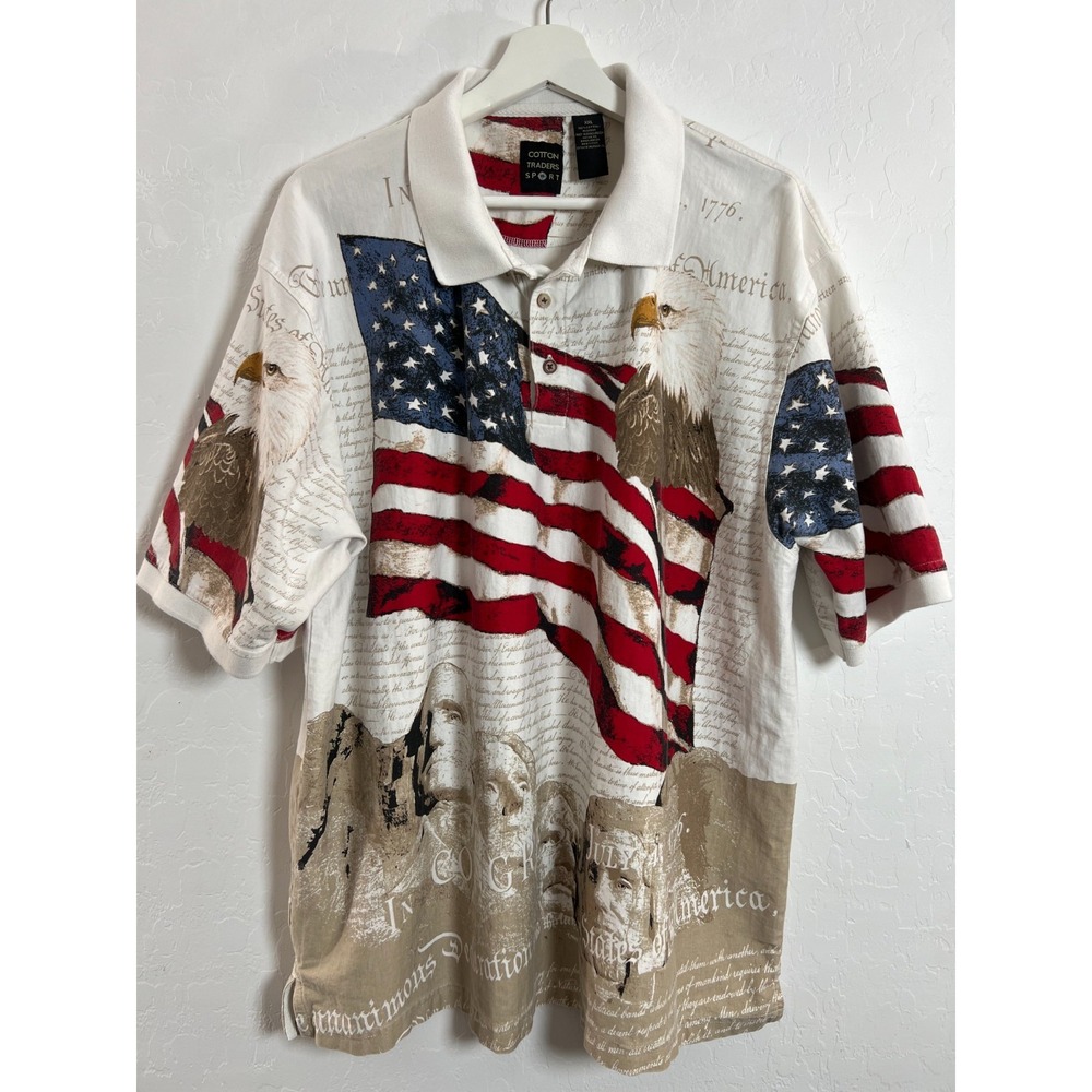 Cotton Traders Polo T Shirt size XXL White Patriotic Americana Graphic July 4th
